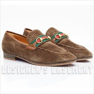 Gucci Mens 13M brown velvet Corduroy Gold Horsebit WEB detail Loafers Shoes NIB
